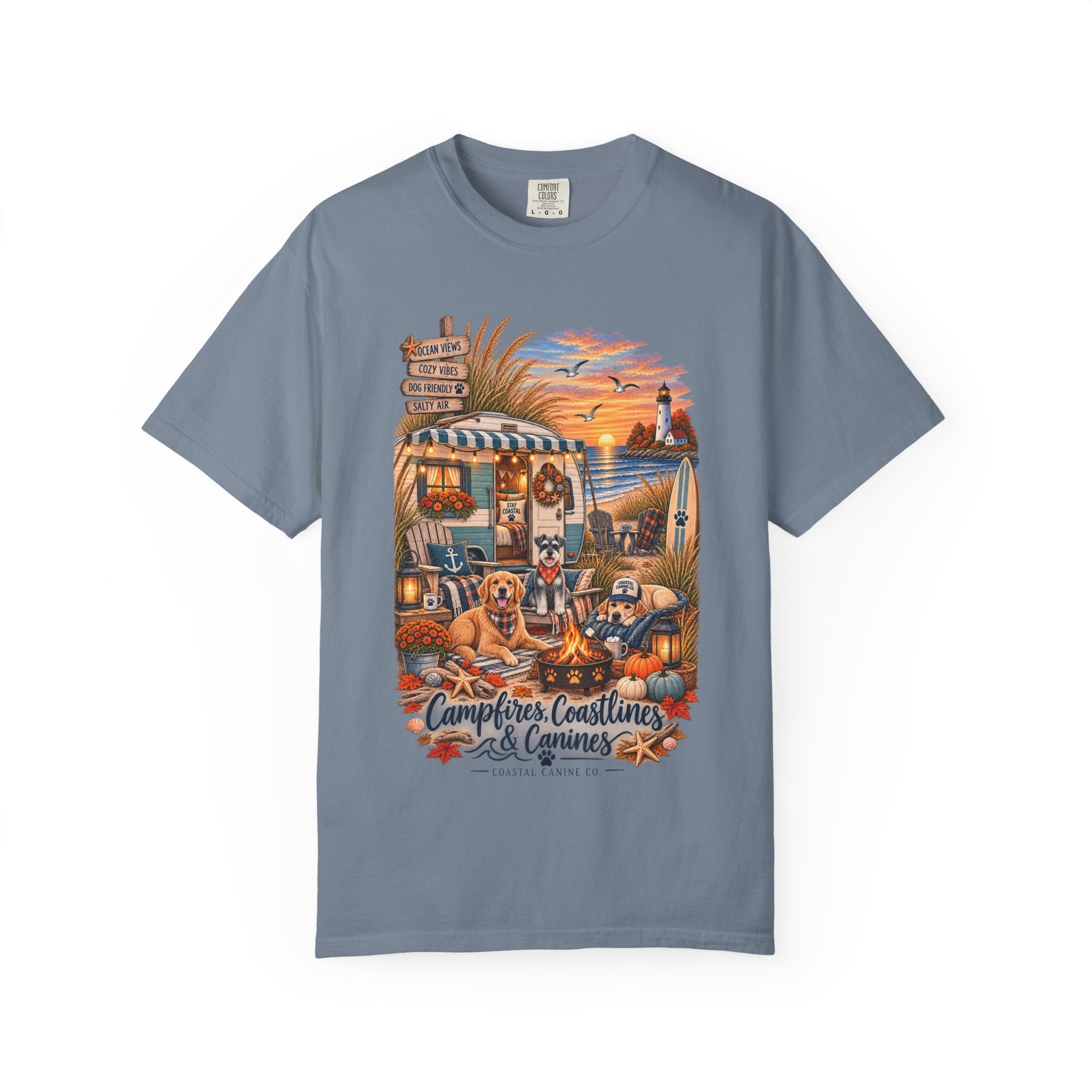 Campfires, Coastlines & Canines T-Shirt — Retro Camper Dog Camping Graphic Tee