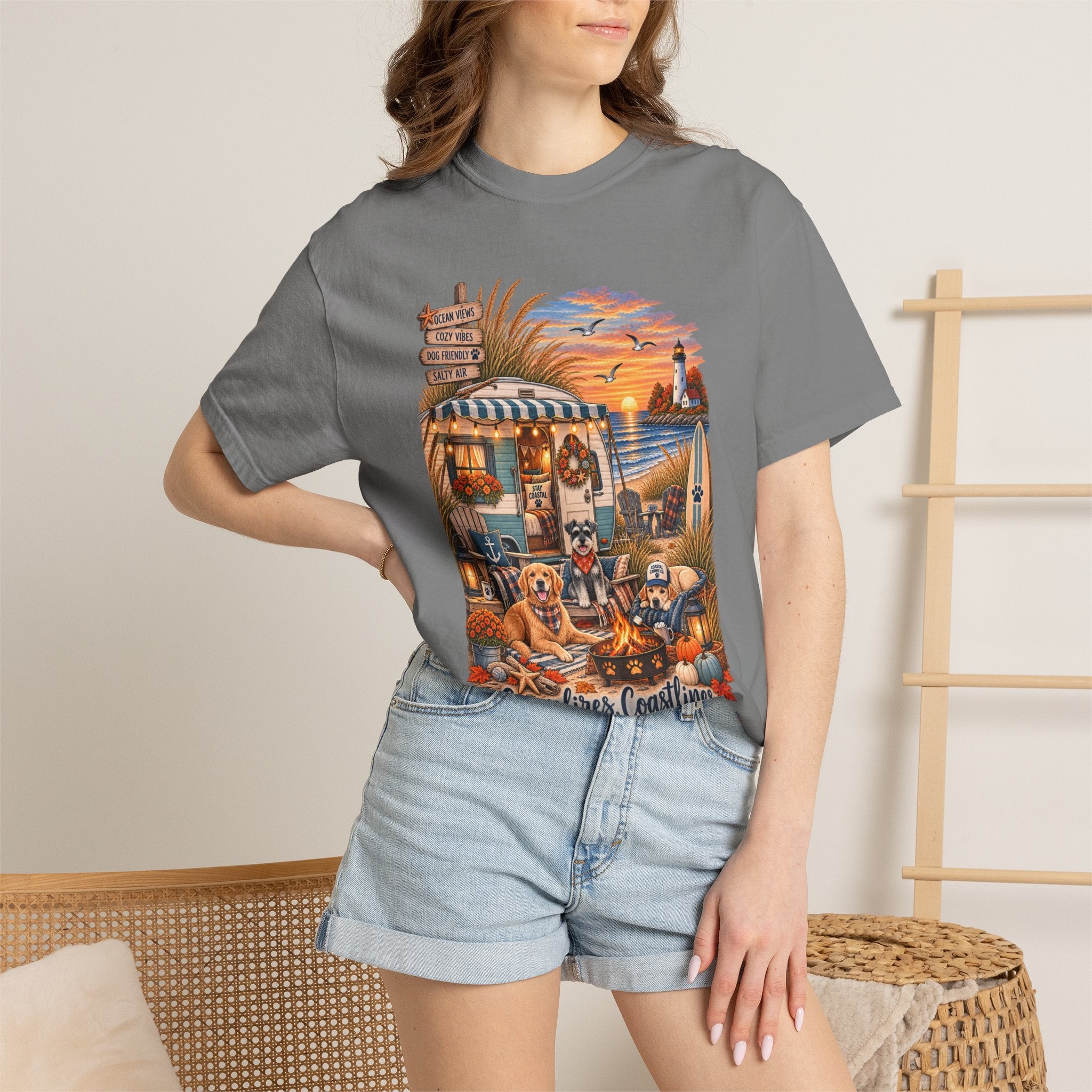 Campfires, Coastlines & Canines T-Shirt — Retro Camper Dog Camping Graphic Tee