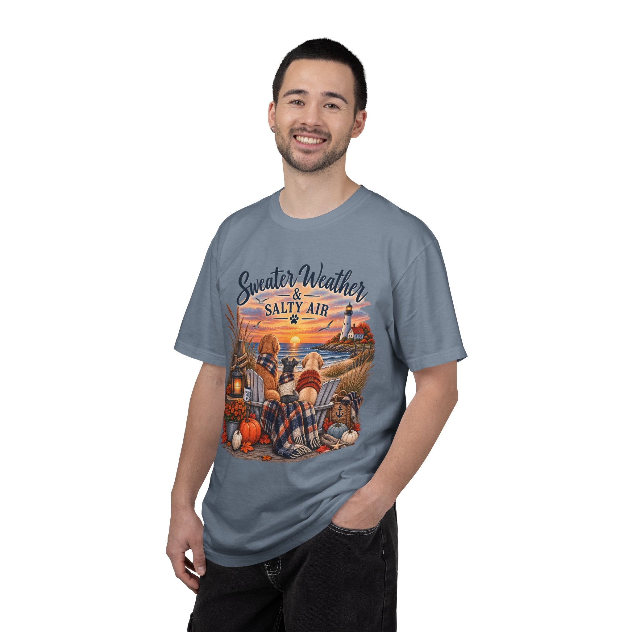 Sweater Weather & Salty Air T-Shirt — Autumn Beach Sunset Graphic Tee