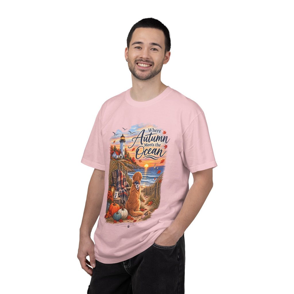 Autumn Meets the Ocean T-Shirt — Cozy Coastal Fall Tee with Golden Retriever