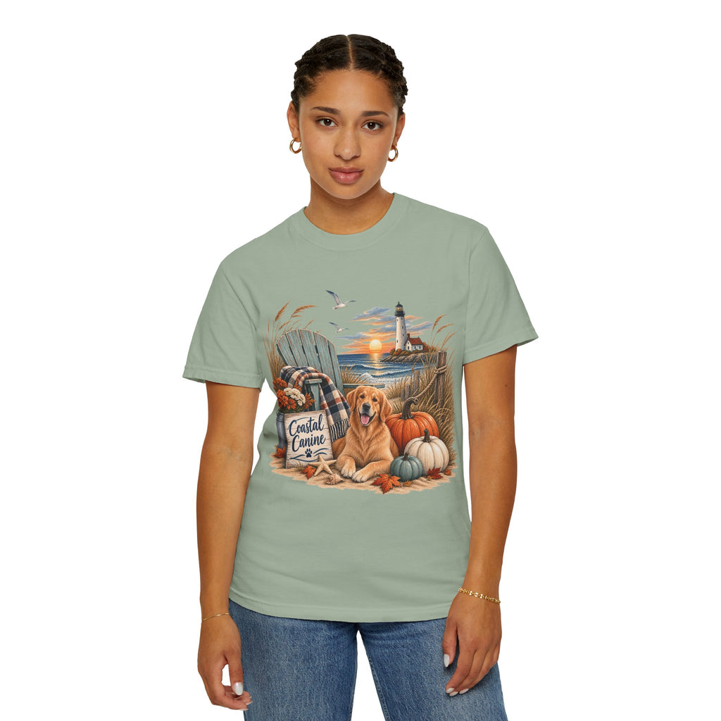 Coastal Canine Fall T-Shirt — Lighthouse, Labrador & Pumpkin Beach Tee
