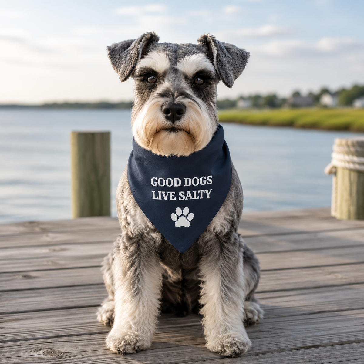 Clip-on Pet Bandana — "Good Dogs Live Salty" Navy Dog Bandana with Paw Print, Beach & Coastal Dog Accessory