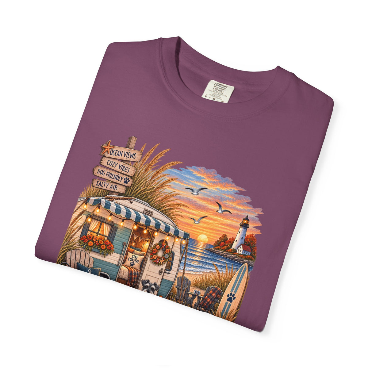 Campfires, Coastlines & Canines T-Shirt — Retro Camper Dog Camping Graphic Tee