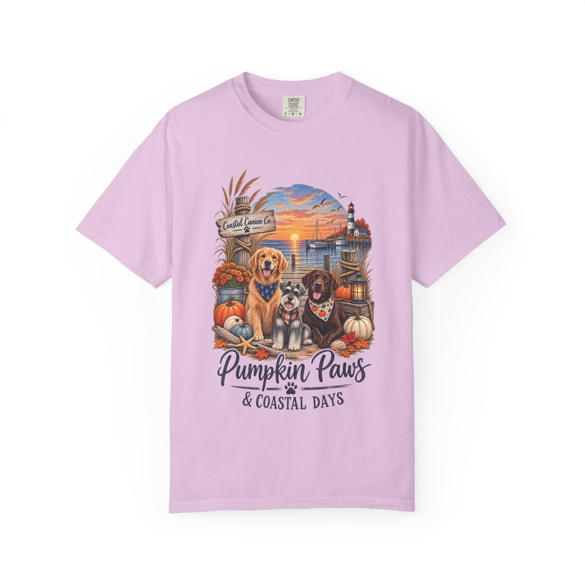 Pumpkin Paws & Coastal Days T-Shirt — Autumn Dogs by the Harbor