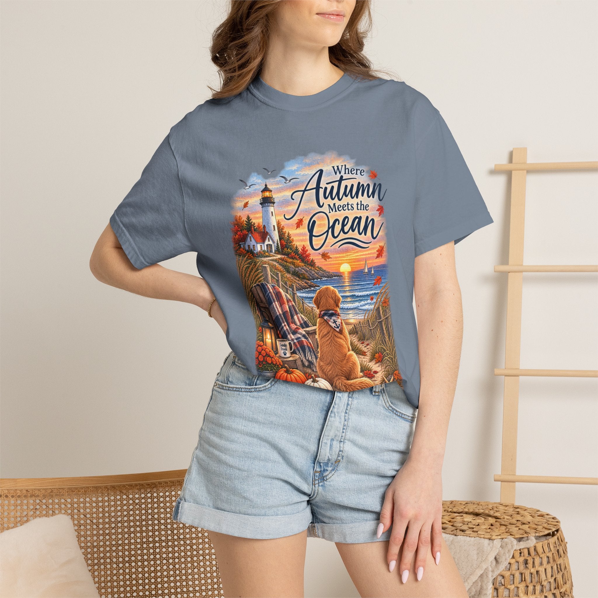 Autumn Meets the Ocean T-Shirt — Cozy Coastal Fall Tee with Golden Retriever