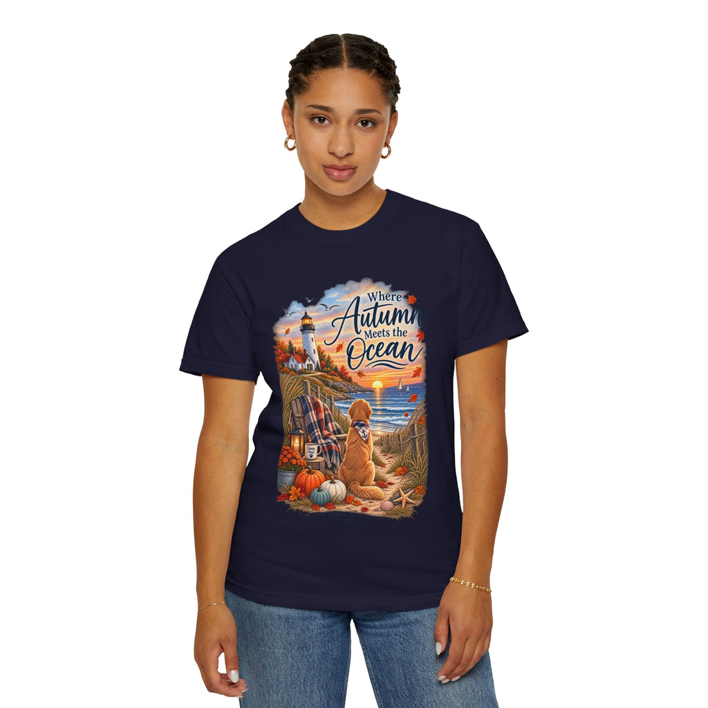 Autumn Meets the Ocean T-Shirt — Cozy Coastal Fall Tee with Golden Retriever
