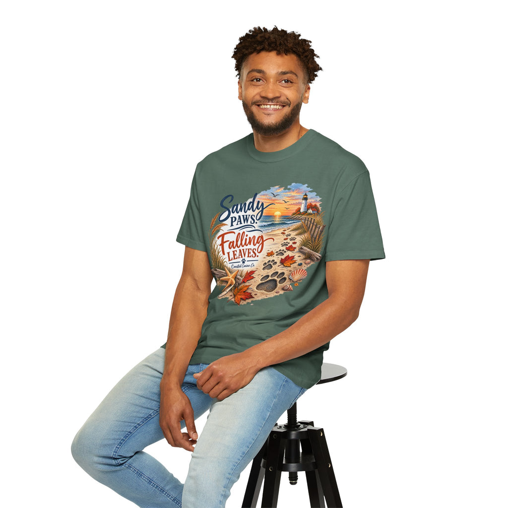 Sandy Paws Falling Leaves Beach T-Shirt — Autumn Coastal Dog Lover Tee