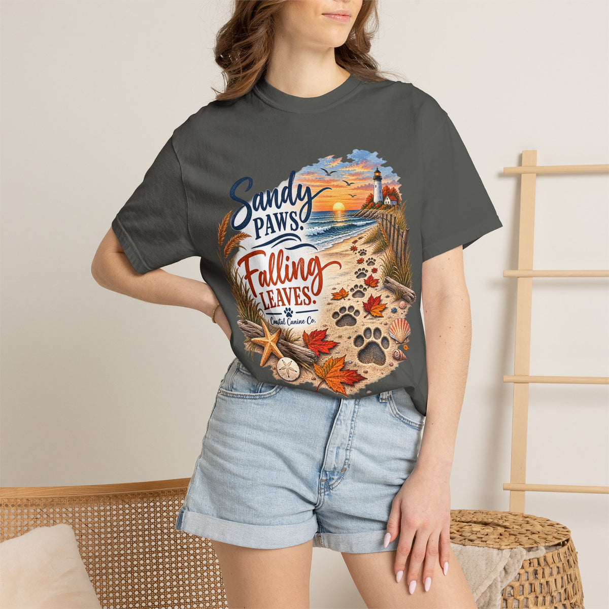 Sandy Paws Falling Leaves Beach T-Shirt — Autumn Coastal Dog Lover Tee