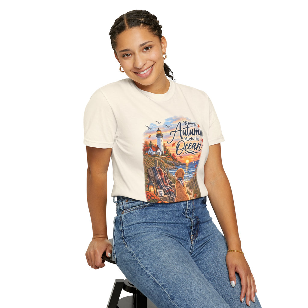 Autumn Meets the Ocean T-Shirt — Cozy Coastal Fall Tee with Golden Retriever