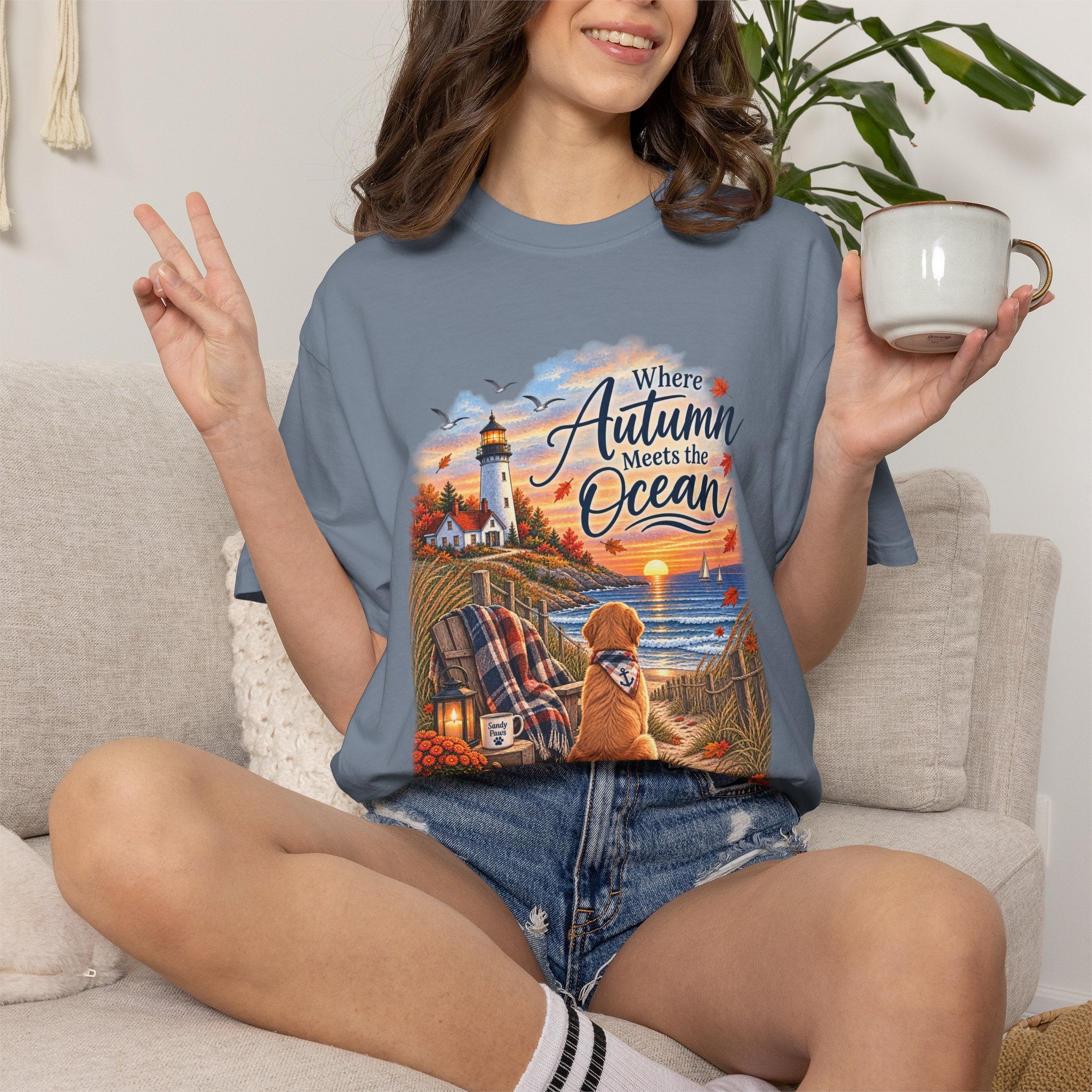 Autumn Meets the Ocean T-Shirt — Cozy Coastal Fall Tee with Golden Retriever