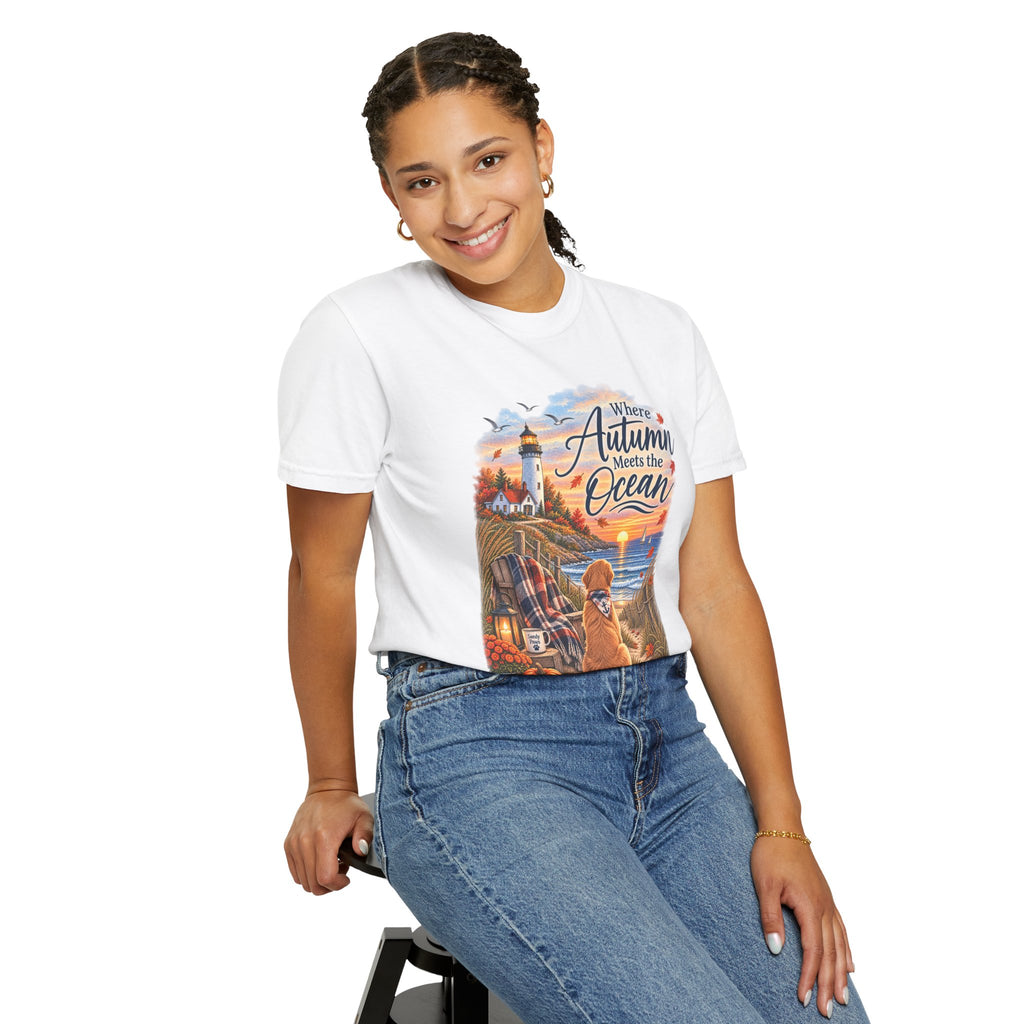 Autumn Meets the Ocean T-Shirt — Cozy Coastal Fall Tee with Golden Retriever