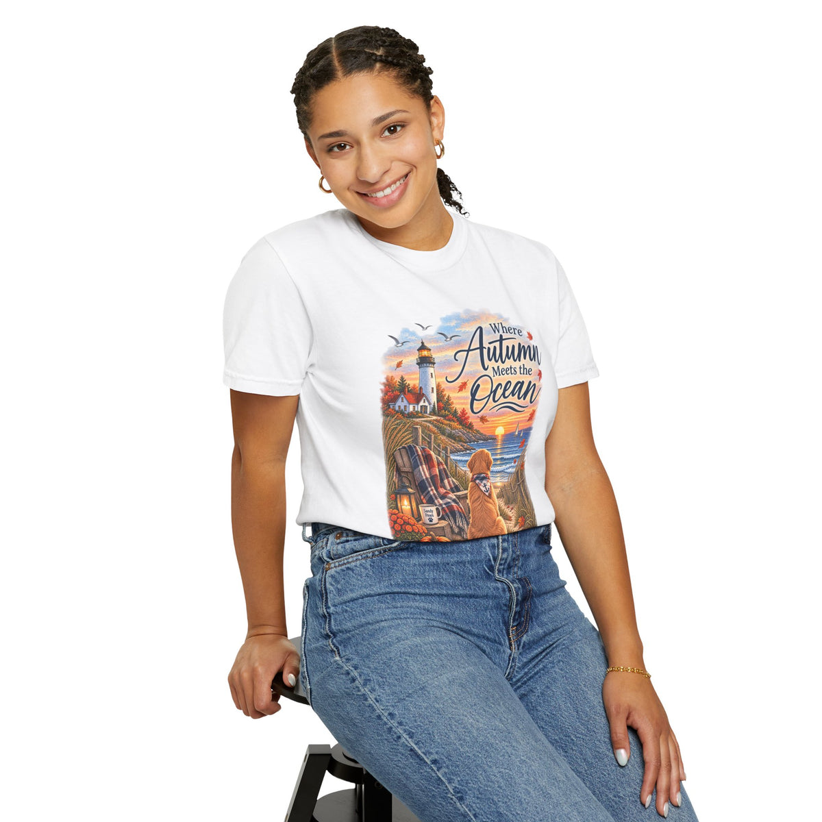 Autumn Meets the Ocean T-Shirt — Cozy Coastal Fall Tee with Golden Retriever