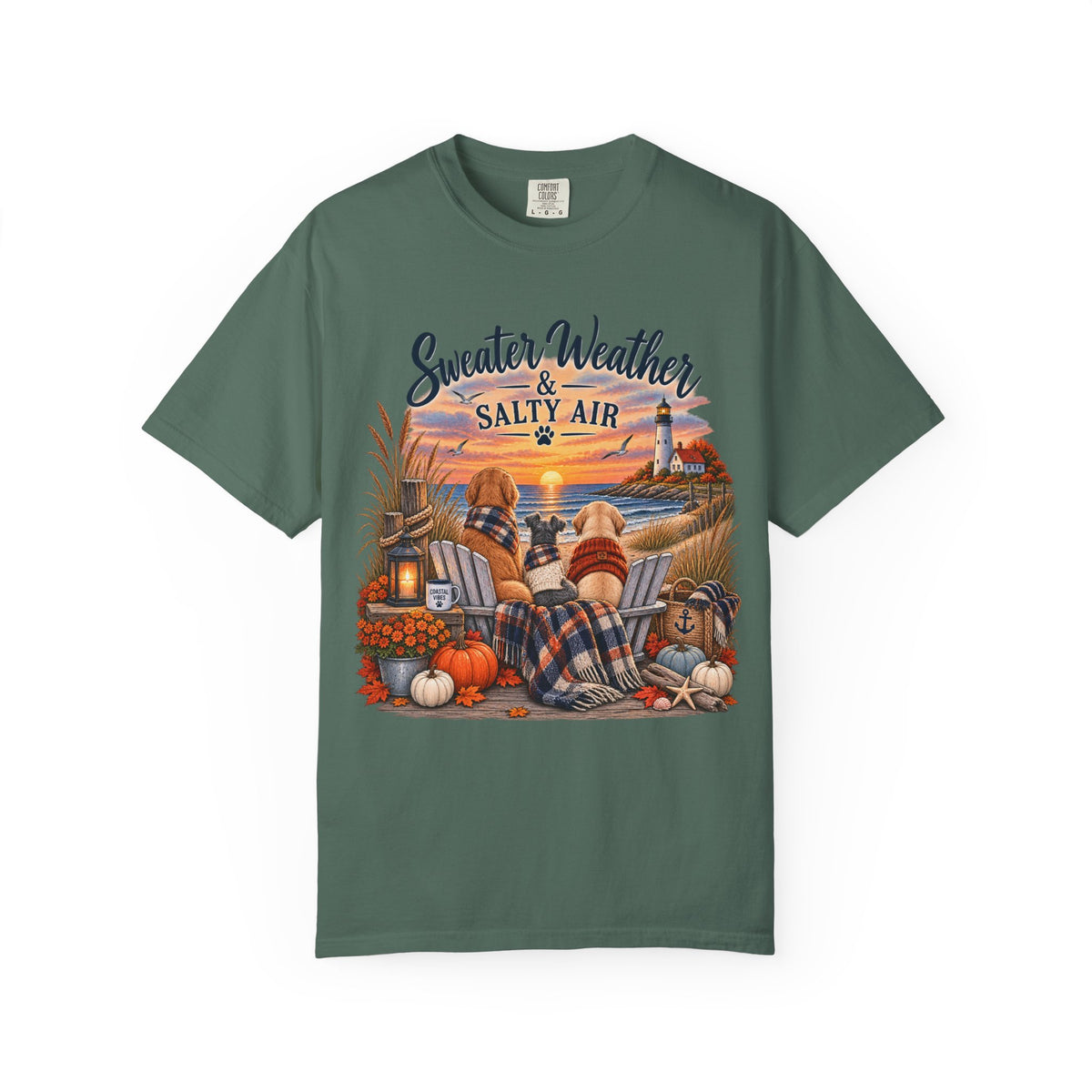 Sweater Weather & Salty Air T-Shirt — Autumn Beach Sunset Graphic Tee