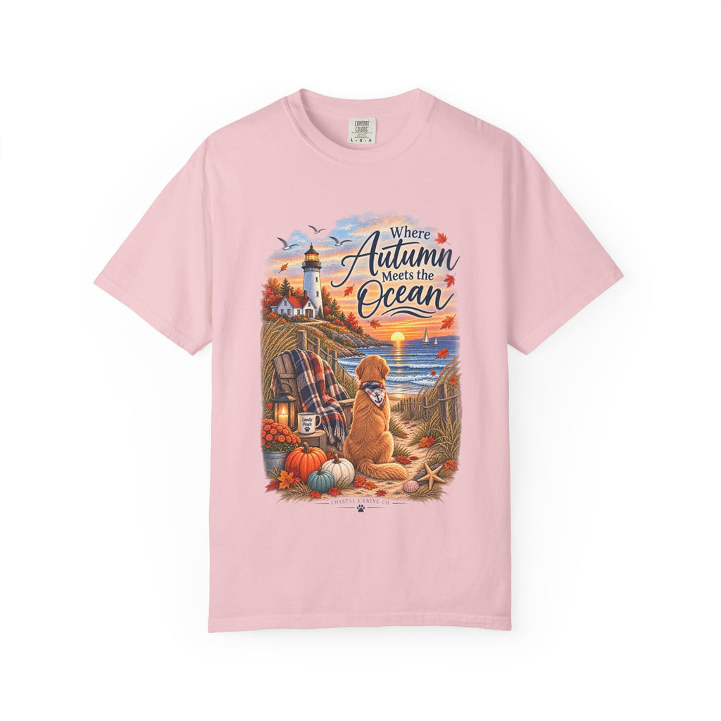 Autumn Meets the Ocean T-Shirt — Cozy Coastal Fall Tee with Golden Retriever