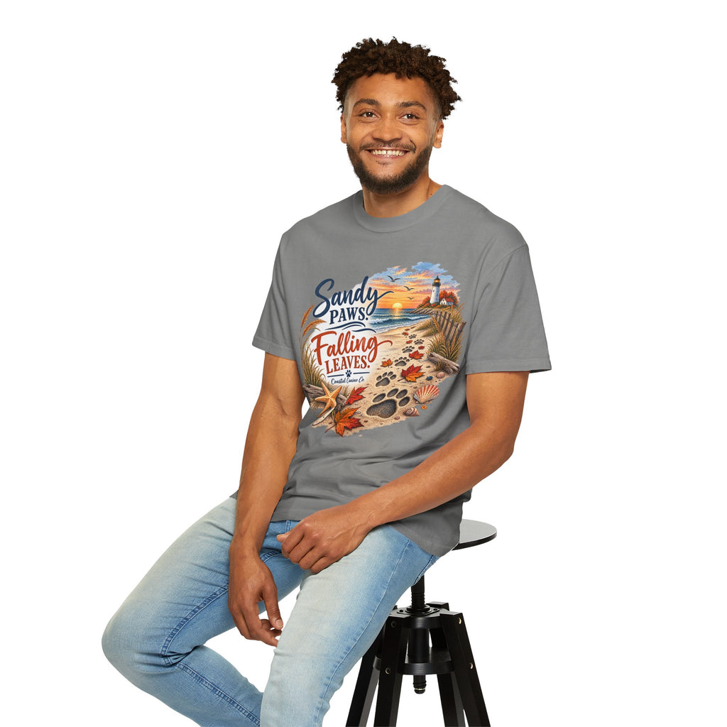 Sandy Paws Falling Leaves Beach T-Shirt — Autumn Coastal Dog Lover Tee