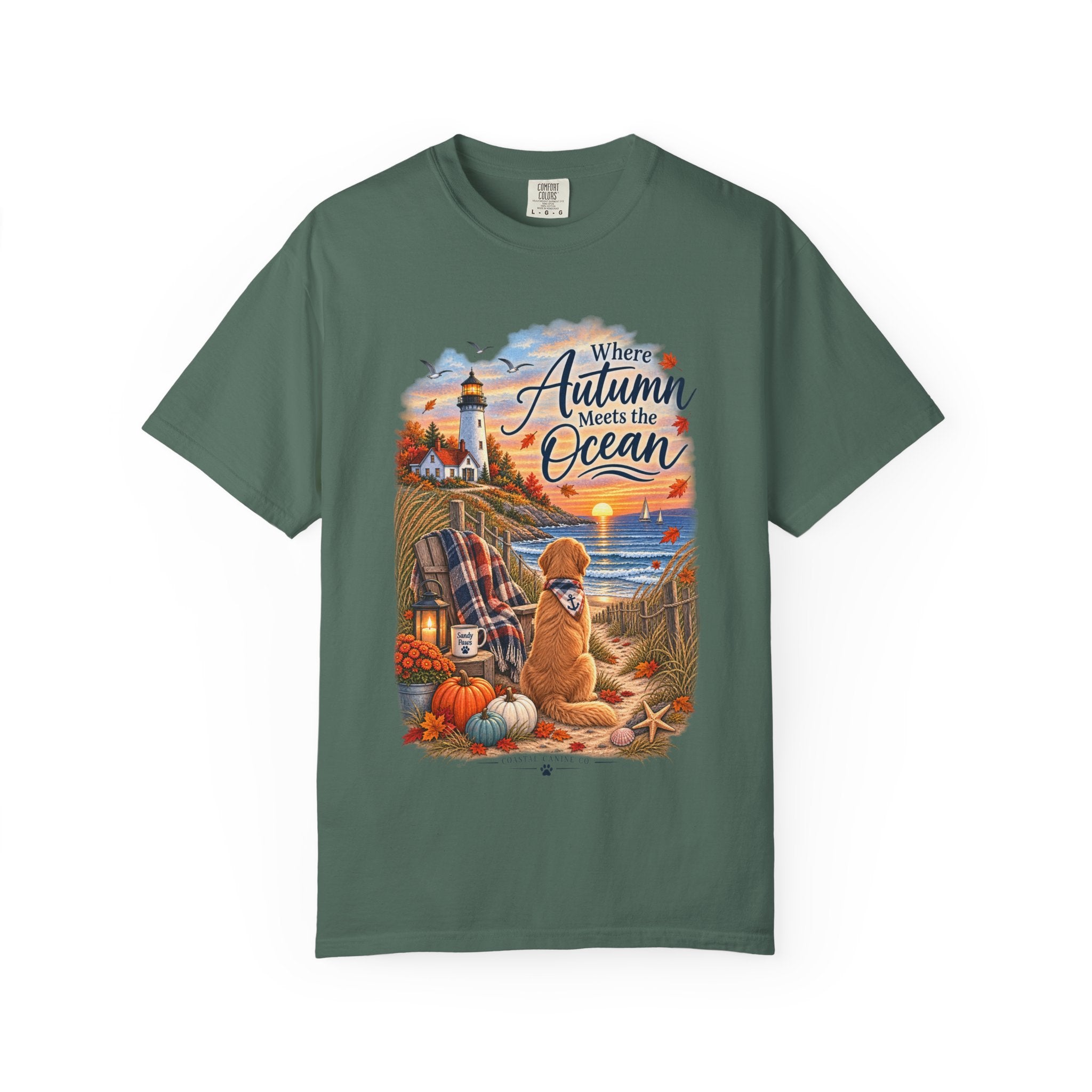 Autumn Meets the Ocean T-Shirt — Cozy Coastal Fall Tee with Golden Retriever