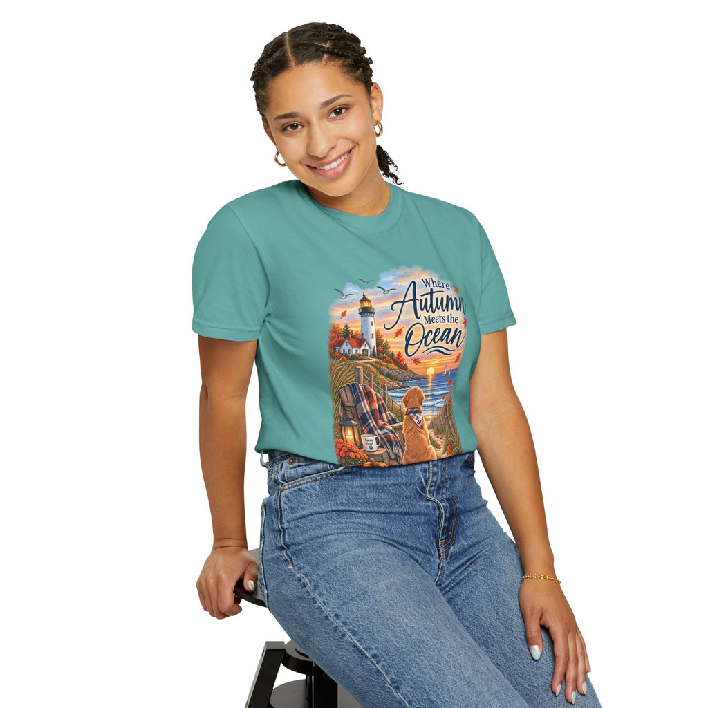 Autumn Meets the Ocean T-Shirt — Cozy Coastal Fall Tee with Golden Retriever
