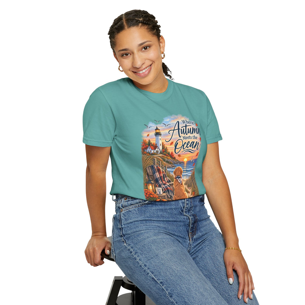 Autumn Meets the Ocean T-Shirt — Cozy Coastal Fall Tee with Golden Retriever