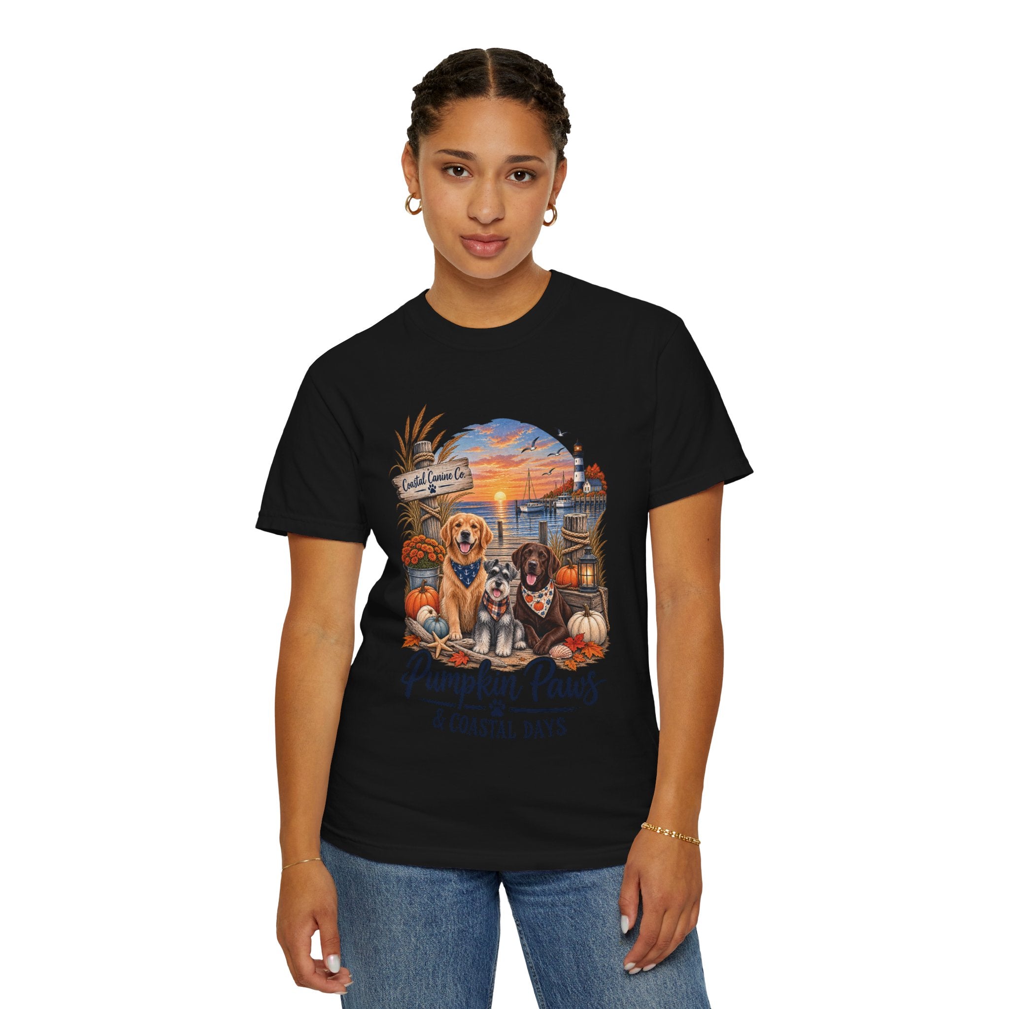 Pumpkin Paws & Coastal Days T-Shirt — Autumn Dogs by the Harbor