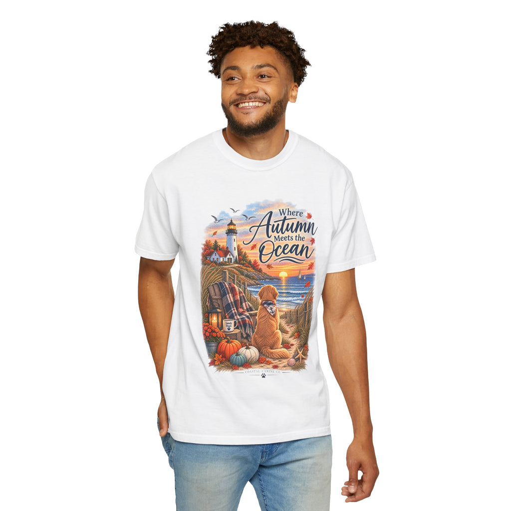 Autumn Meets the Ocean T-Shirt — Cozy Coastal Fall Tee with Golden Retriever