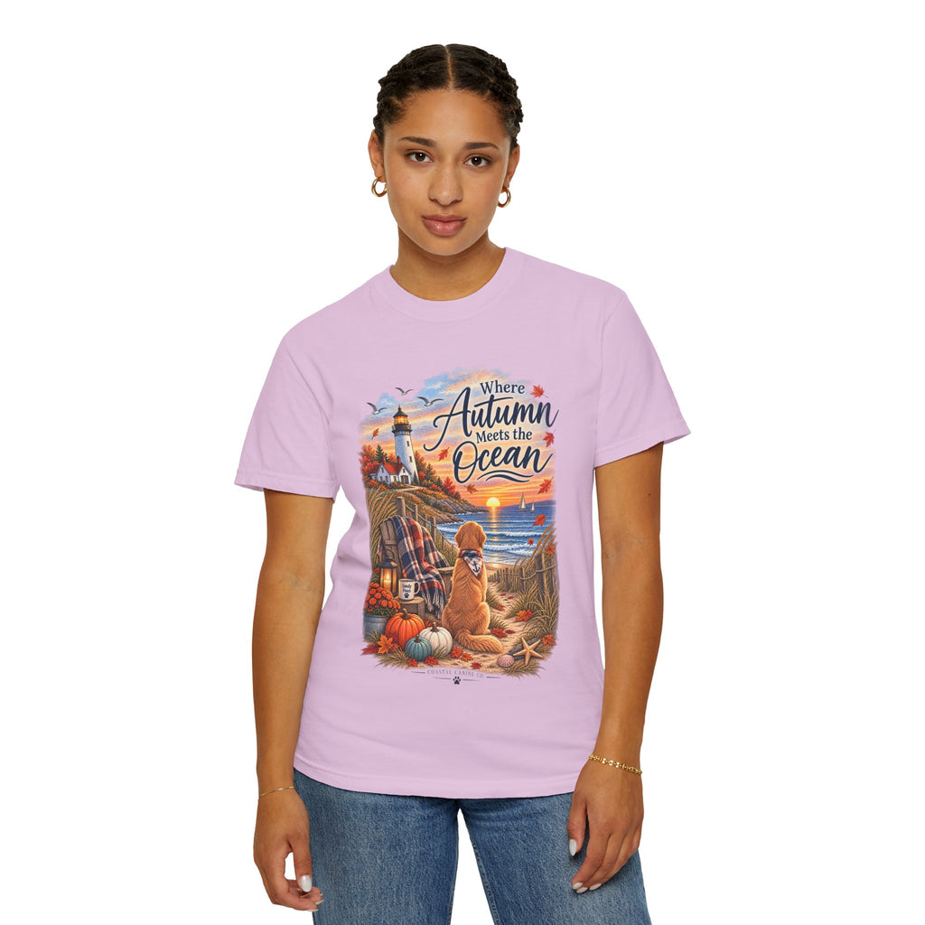 Autumn Meets the Ocean T-Shirt — Cozy Coastal Fall Tee with Golden Retriever