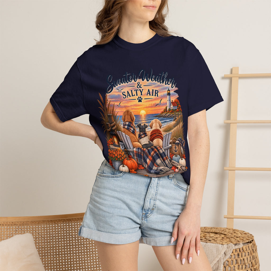 Sweater Weather & Salty Air T-Shirt — Autumn Beach Sunset Graphic Tee