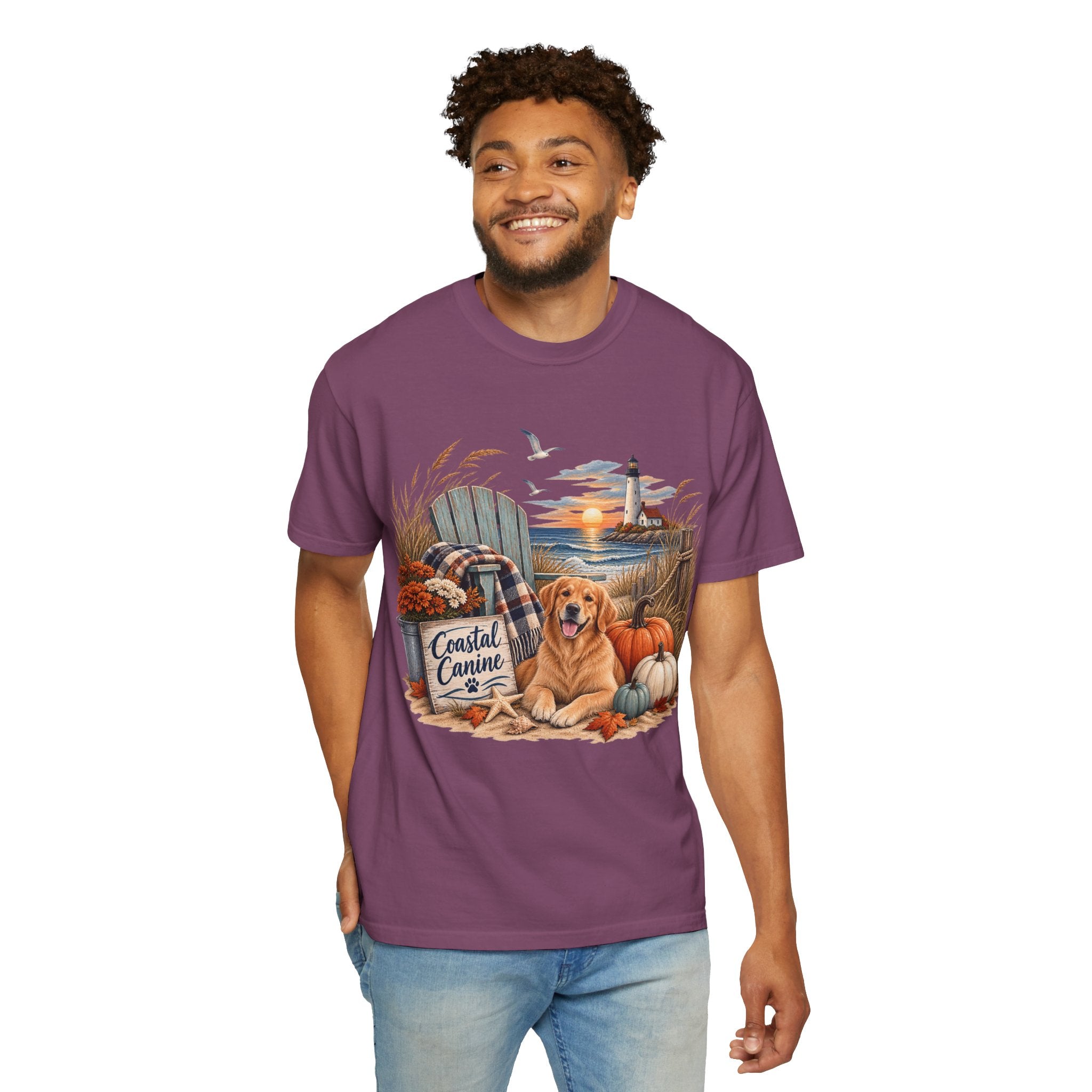 Coastal Canine Fall T-Shirt — Lighthouse, Labrador & Pumpkin Beach Tee
