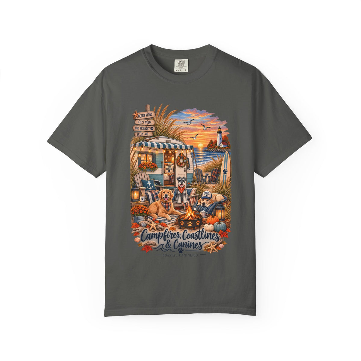 Campfires, Coastlines & Canines T-Shirt — Retro Camper Dog Camping Graphic Tee