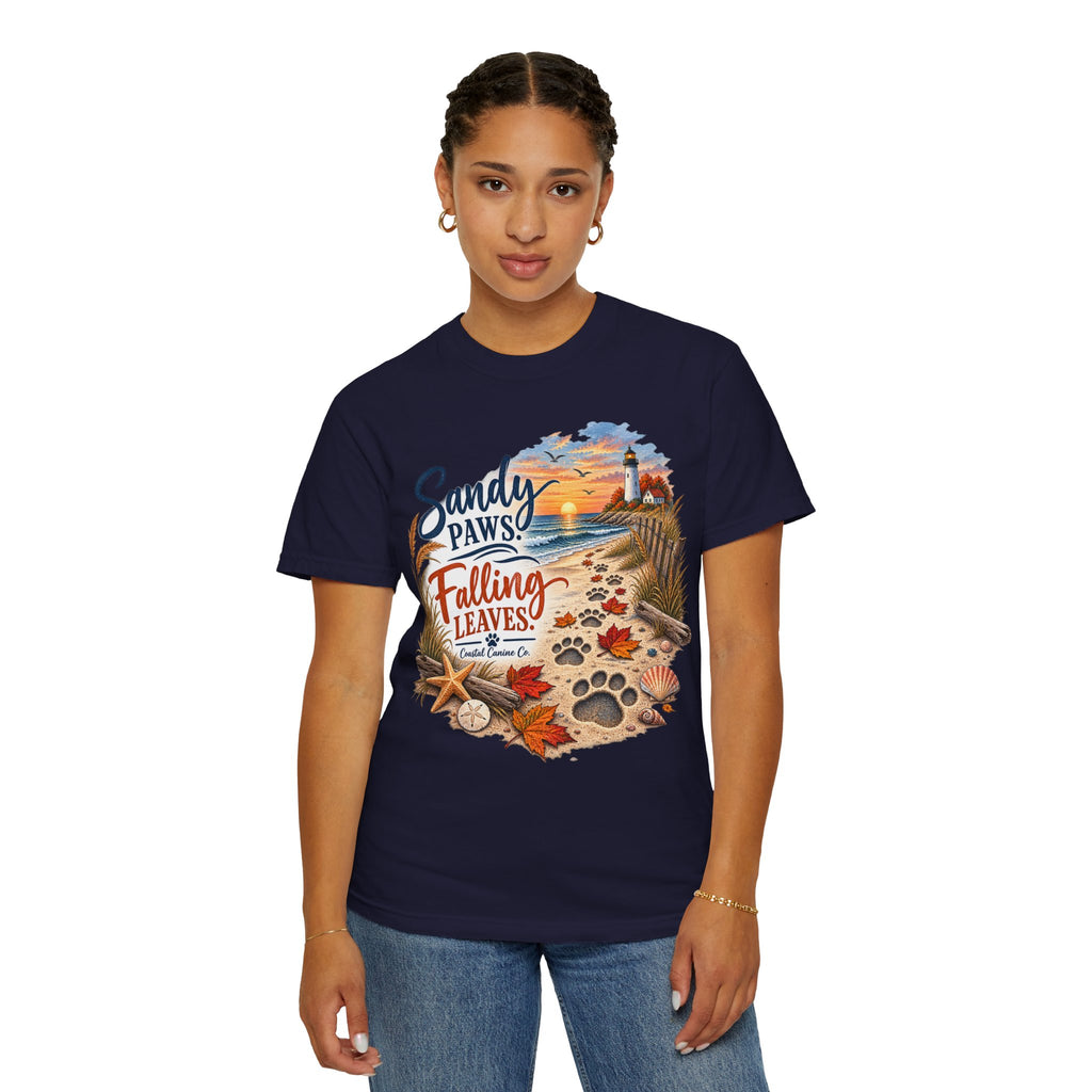 Sandy Paws Falling Leaves Beach T-Shirt — Autumn Coastal Dog Lover Tee
