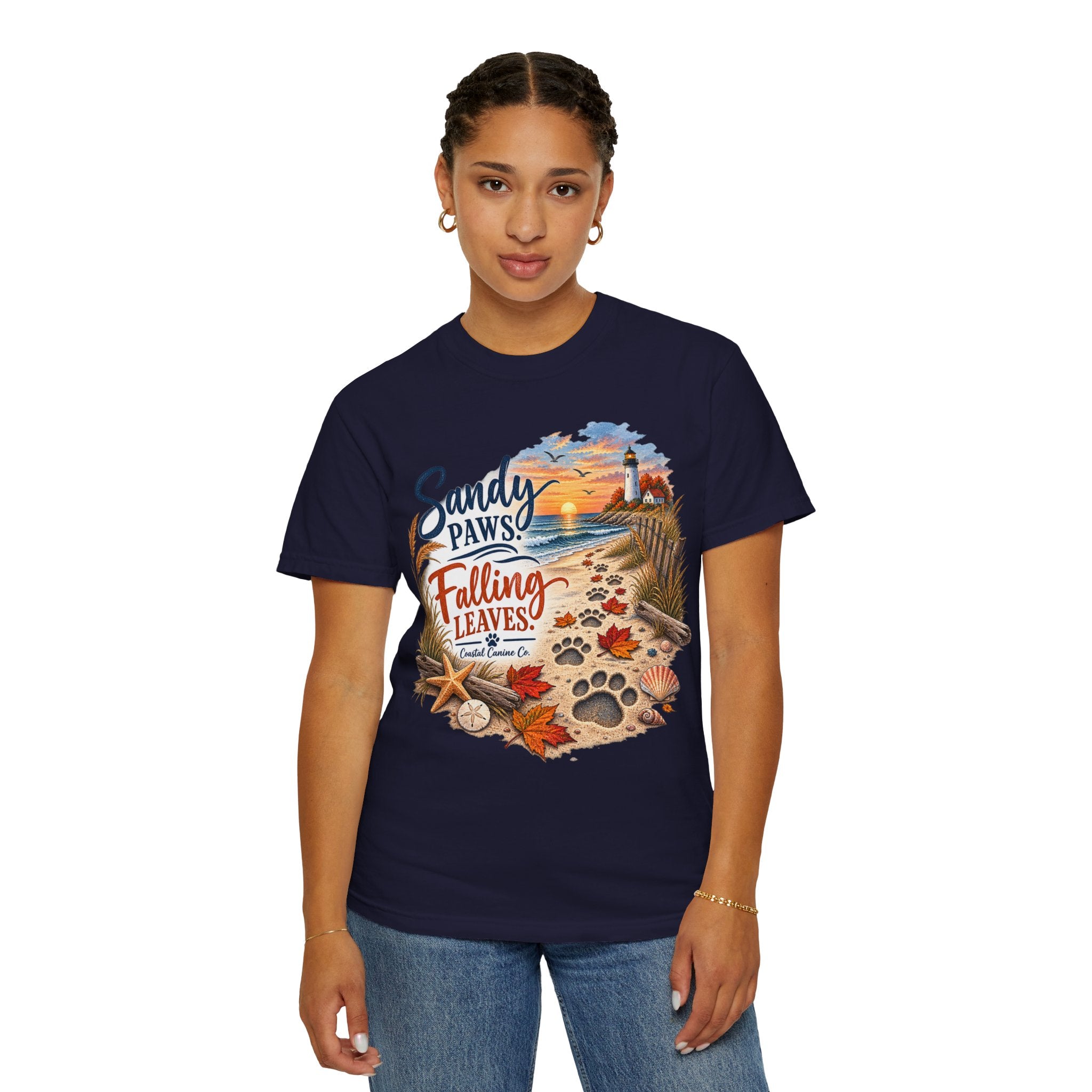 Sandy Paws Falling Leaves Beach T-Shirt — Autumn Coastal Dog Lover Tee