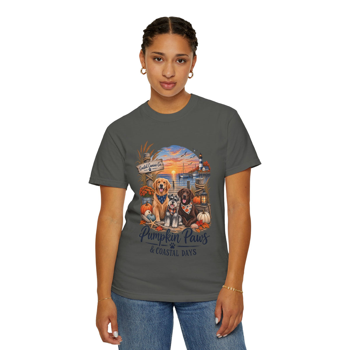 Pumpkin Paws & Coastal Days T-Shirt — Autumn Dogs by the Harbor