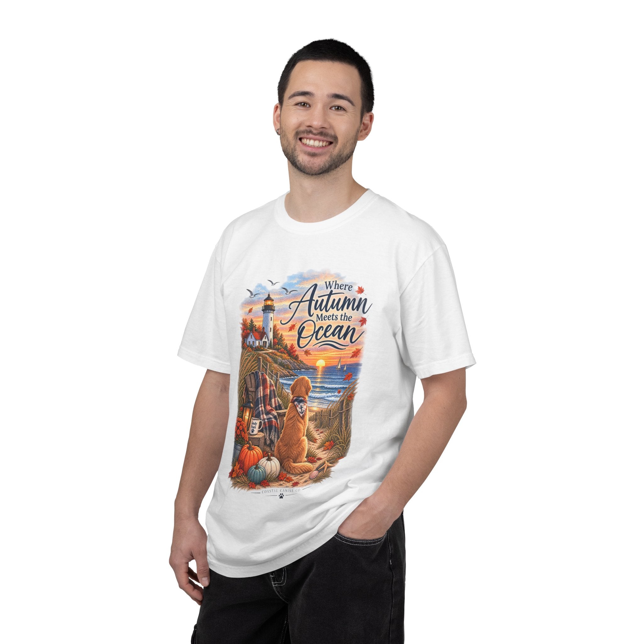 Autumn Meets the Ocean T-Shirt — Cozy Coastal Fall Tee with Golden Retriever
