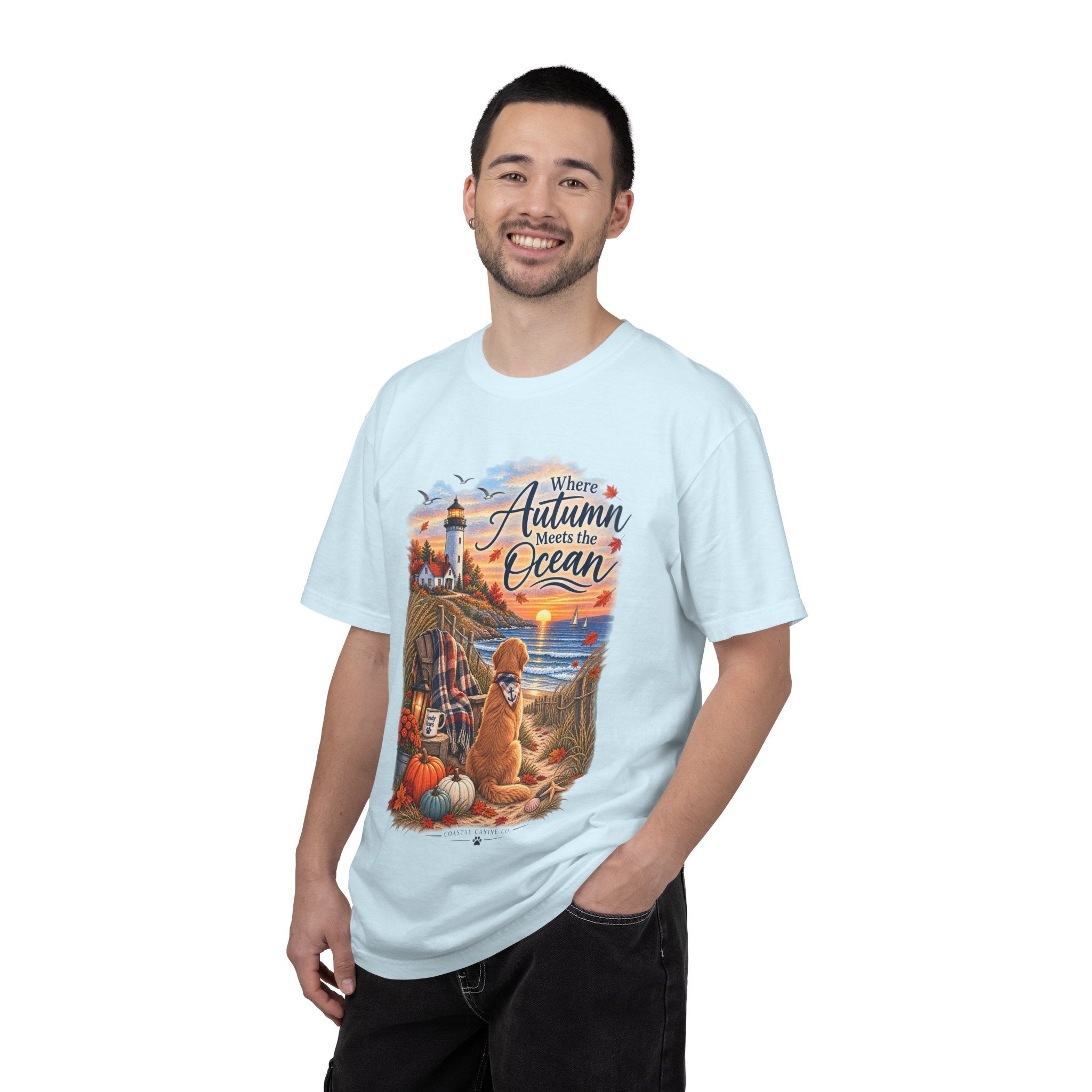 Autumn Meets the Ocean T-Shirt — Cozy Coastal Fall Tee with Golden Retriever