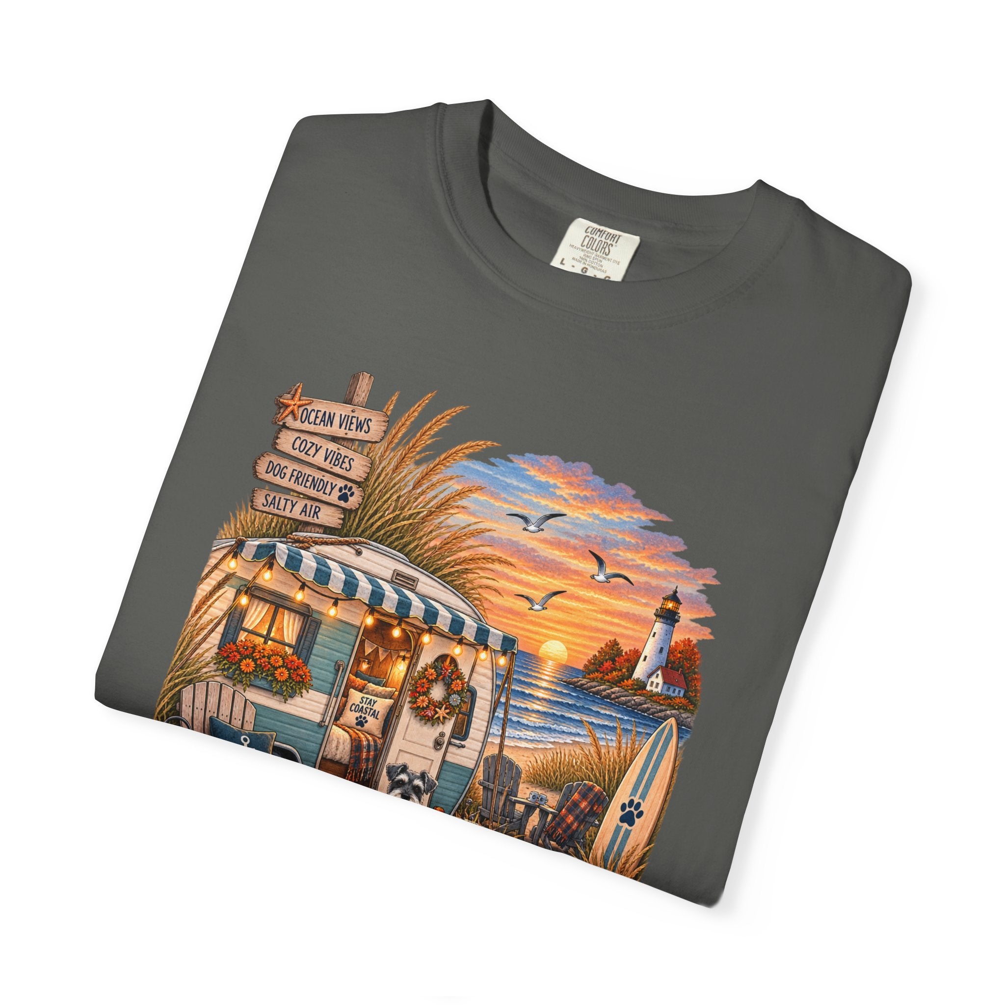 Campfires, Coastlines & Canines T-Shirt — Retro Camper Dog Camping Graphic Tee