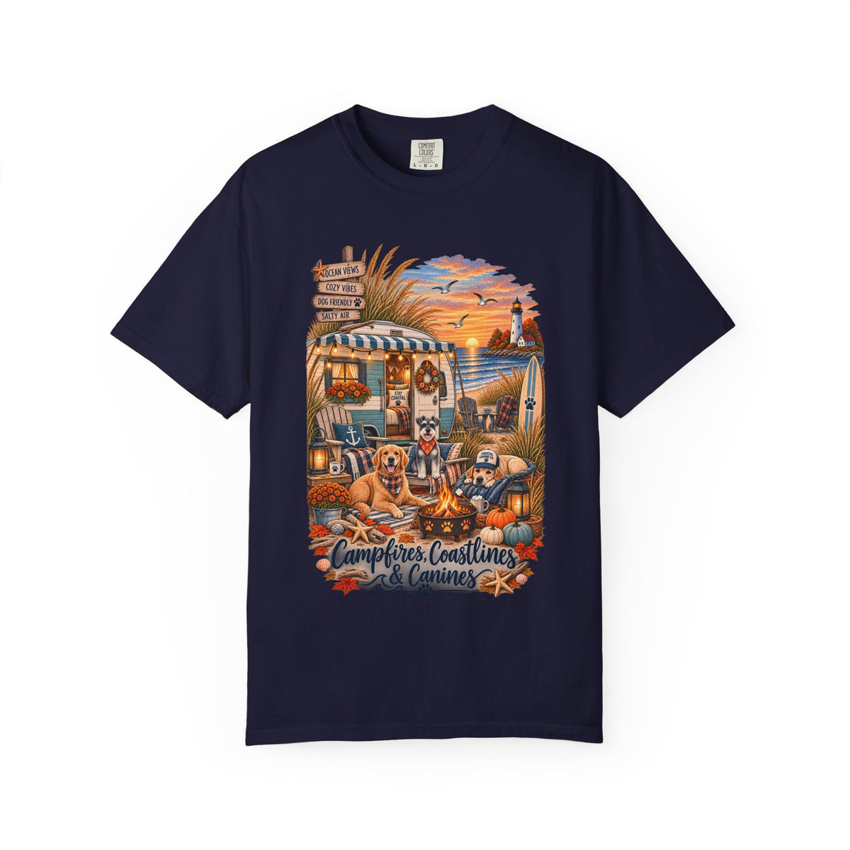 Campfires, Coastlines & Canines T-Shirt — Retro Camper Dog Camping Graphic Tee