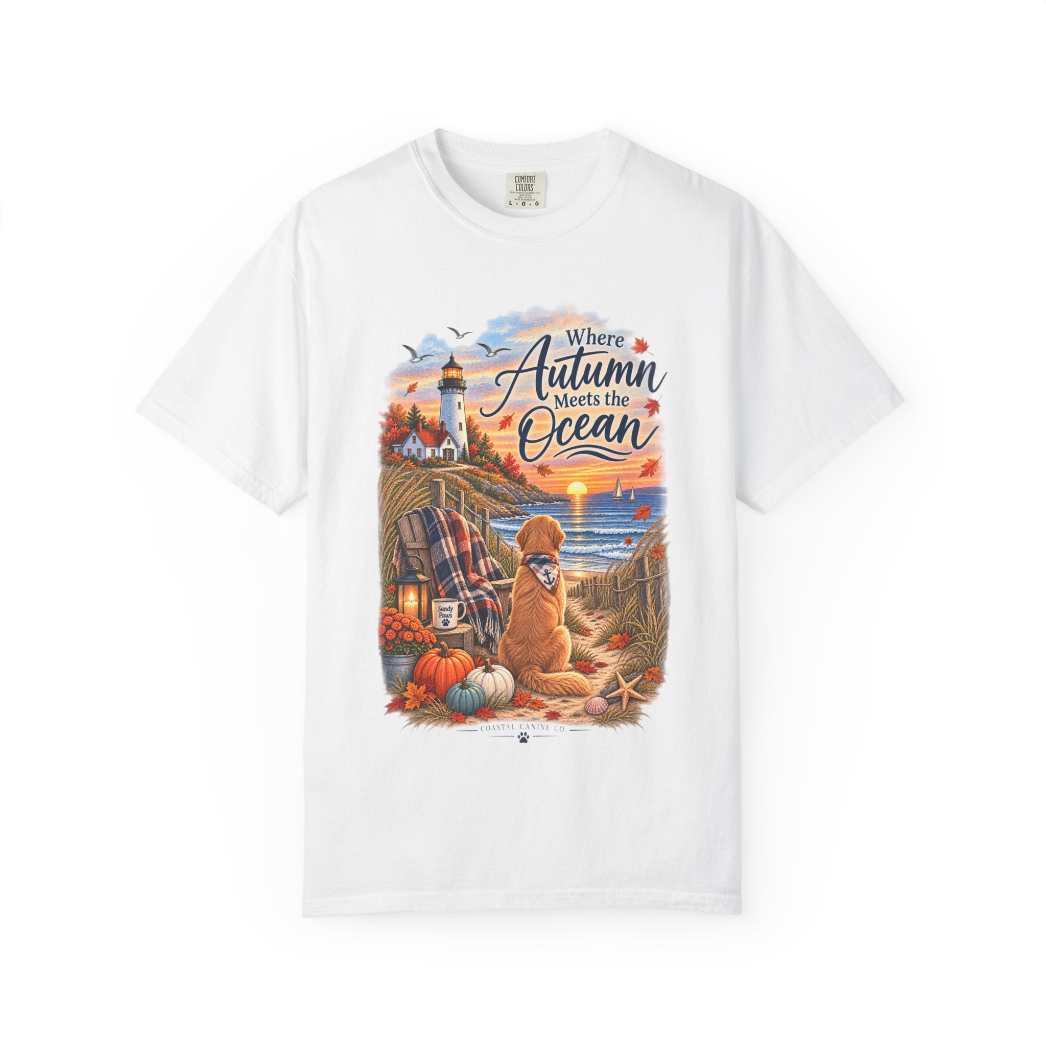 Autumn Meets the Ocean T-Shirt — Cozy Coastal Fall Tee with Golden Retriever