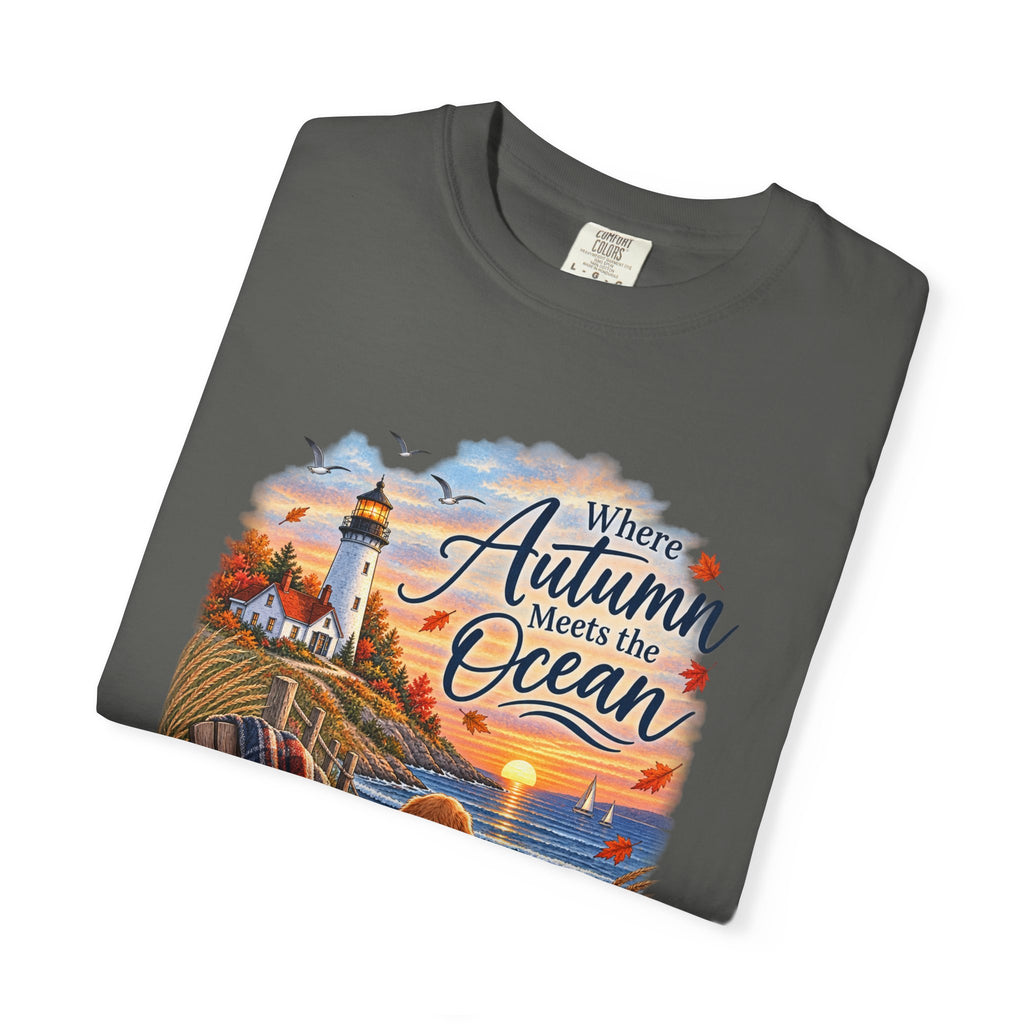 Autumn Meets the Ocean T-Shirt — Cozy Coastal Fall Tee with Golden Retriever