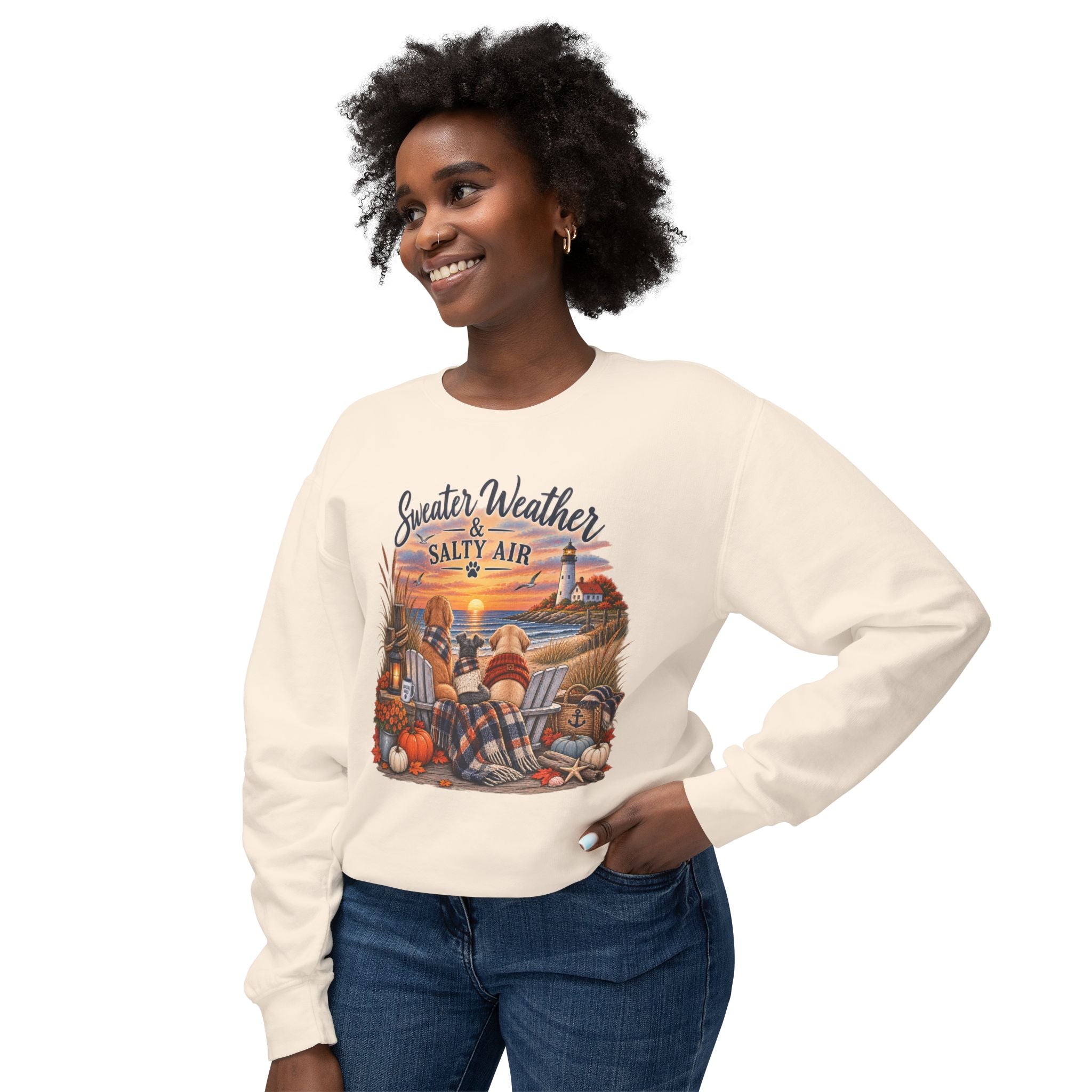 Sweater Weather & Salty Air Crewneck Sweatshirt — Coastal Fall Sunset Design