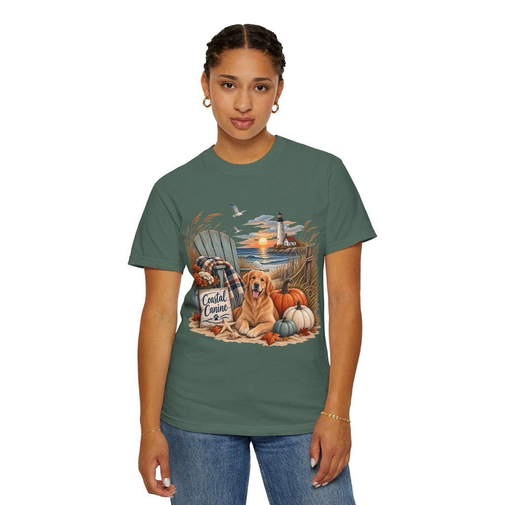 Coastal Canine Fall T-Shirt — Lighthouse, Labrador & Pumpkin Beach Tee