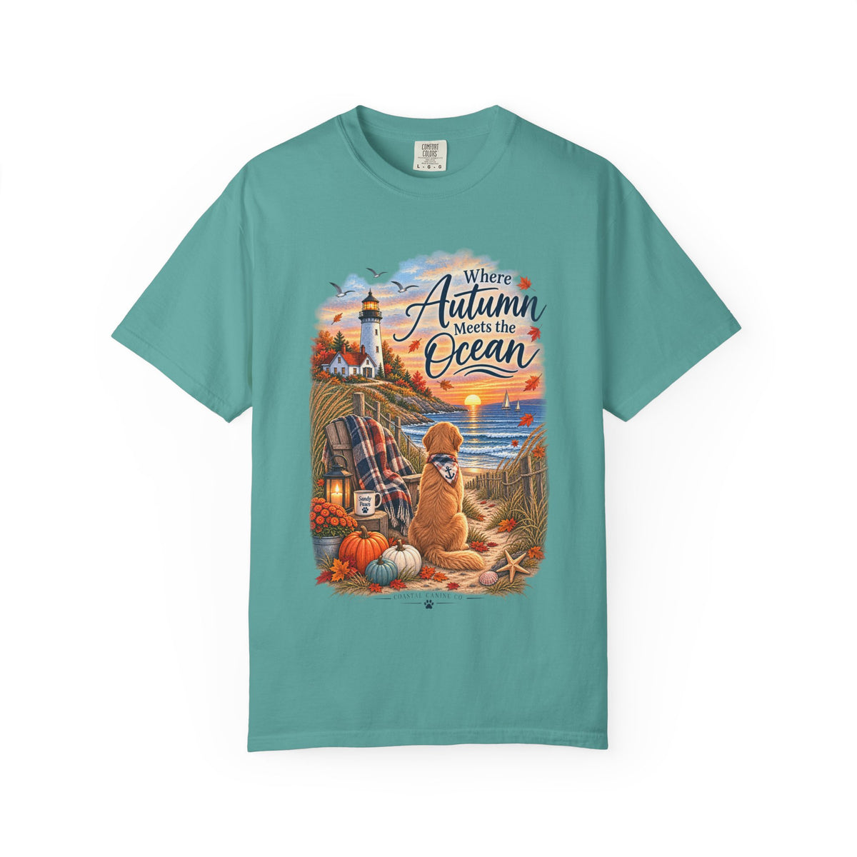 Autumn Meets the Ocean T-Shirt — Cozy Coastal Fall Tee with Golden Retriever