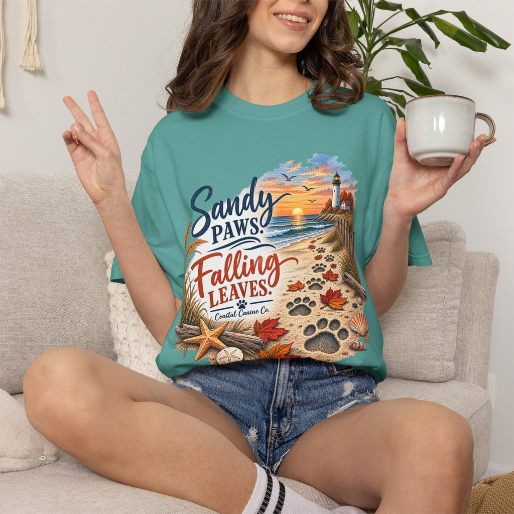 Sandy Paws Falling Leaves Beach T-Shirt — Autumn Coastal Dog Lover Tee