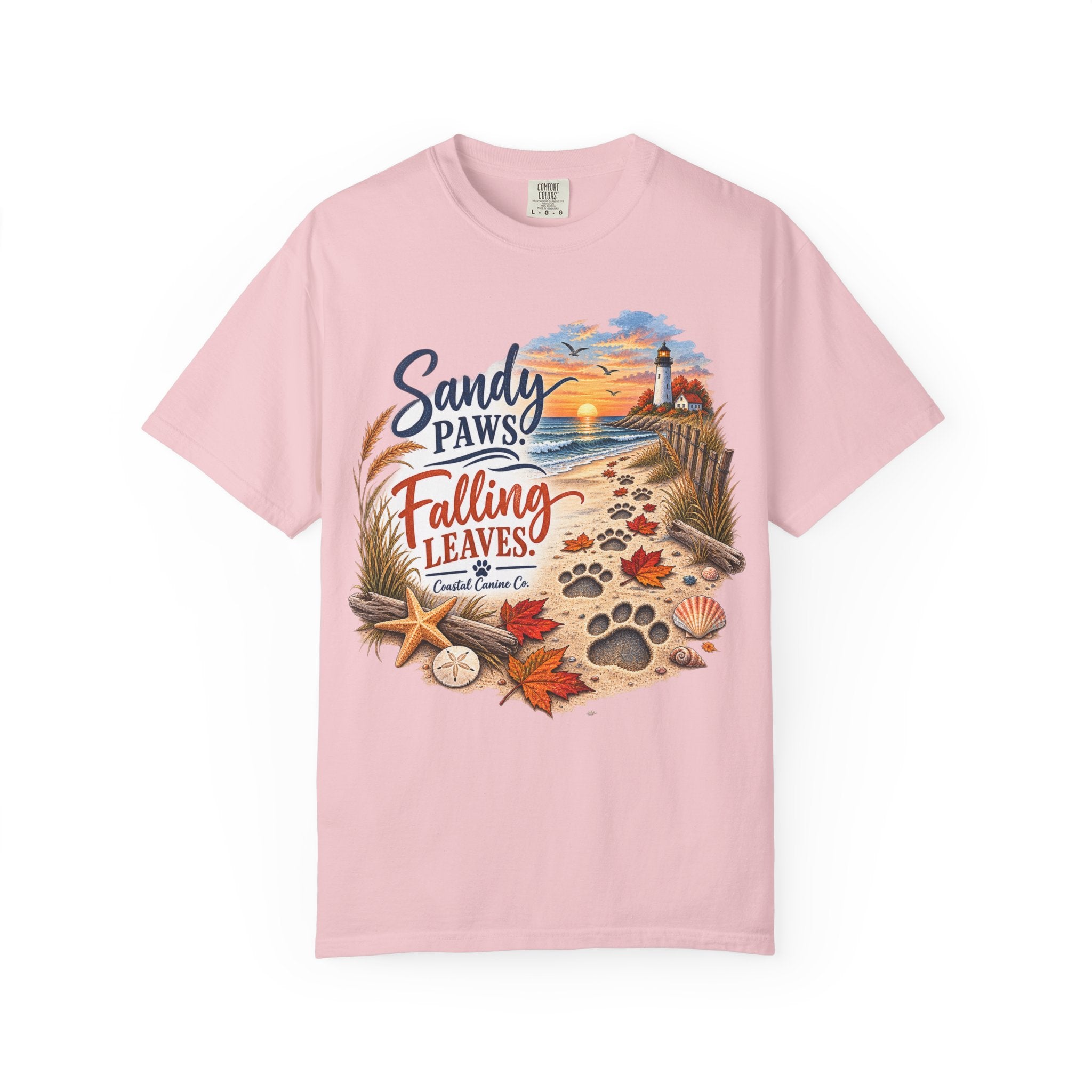 Sandy Paws Falling Leaves Beach T-Shirt — Autumn Coastal Dog Lover Tee