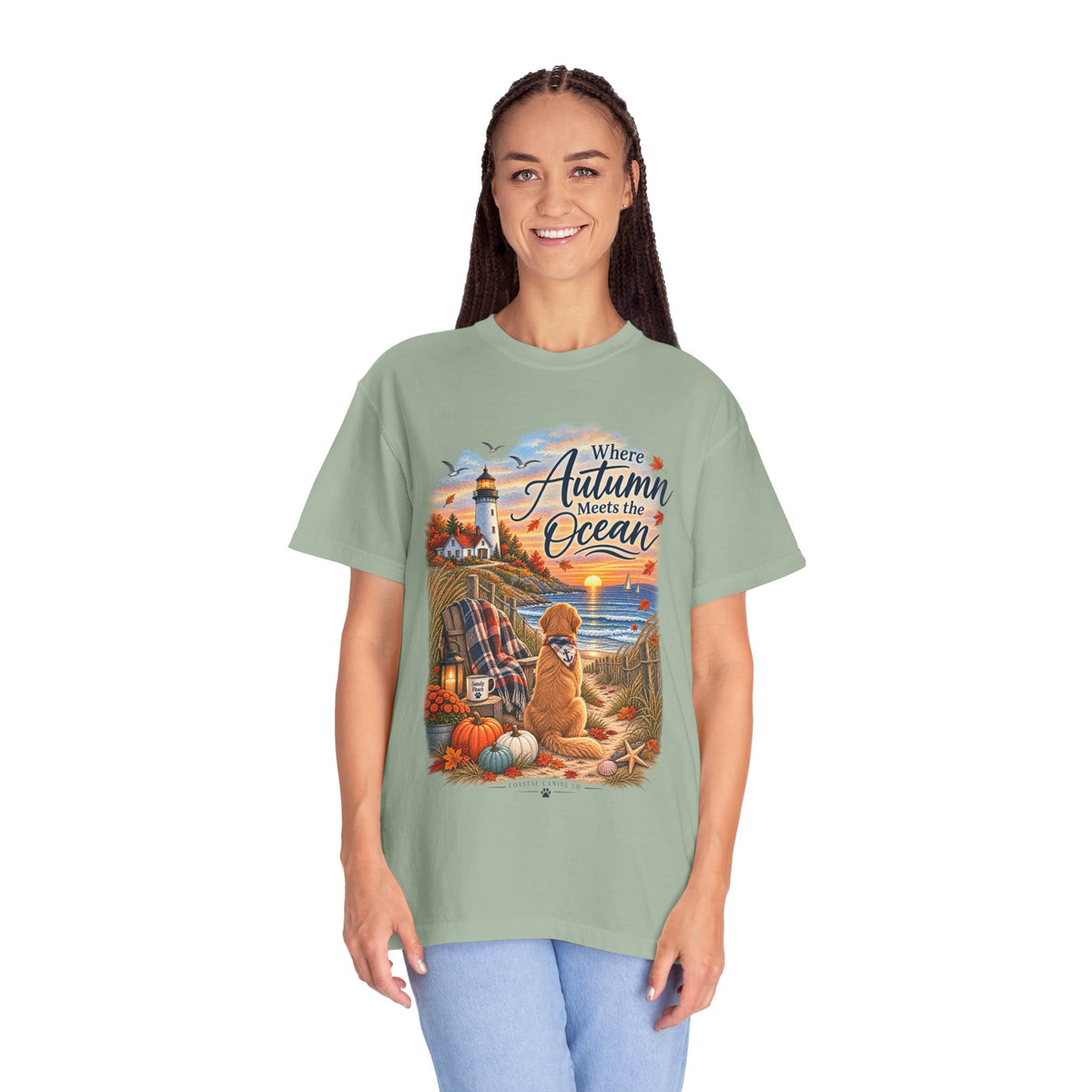 Autumn Meets the Ocean T-Shirt — Cozy Coastal Fall Tee with Golden Retriever