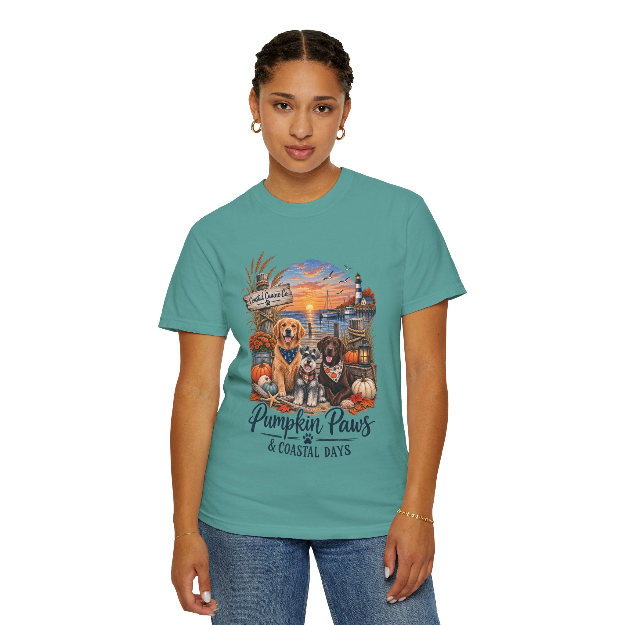 Pumpkin Paws & Coastal Days T-Shirt — Autumn Dogs by the Harbor
