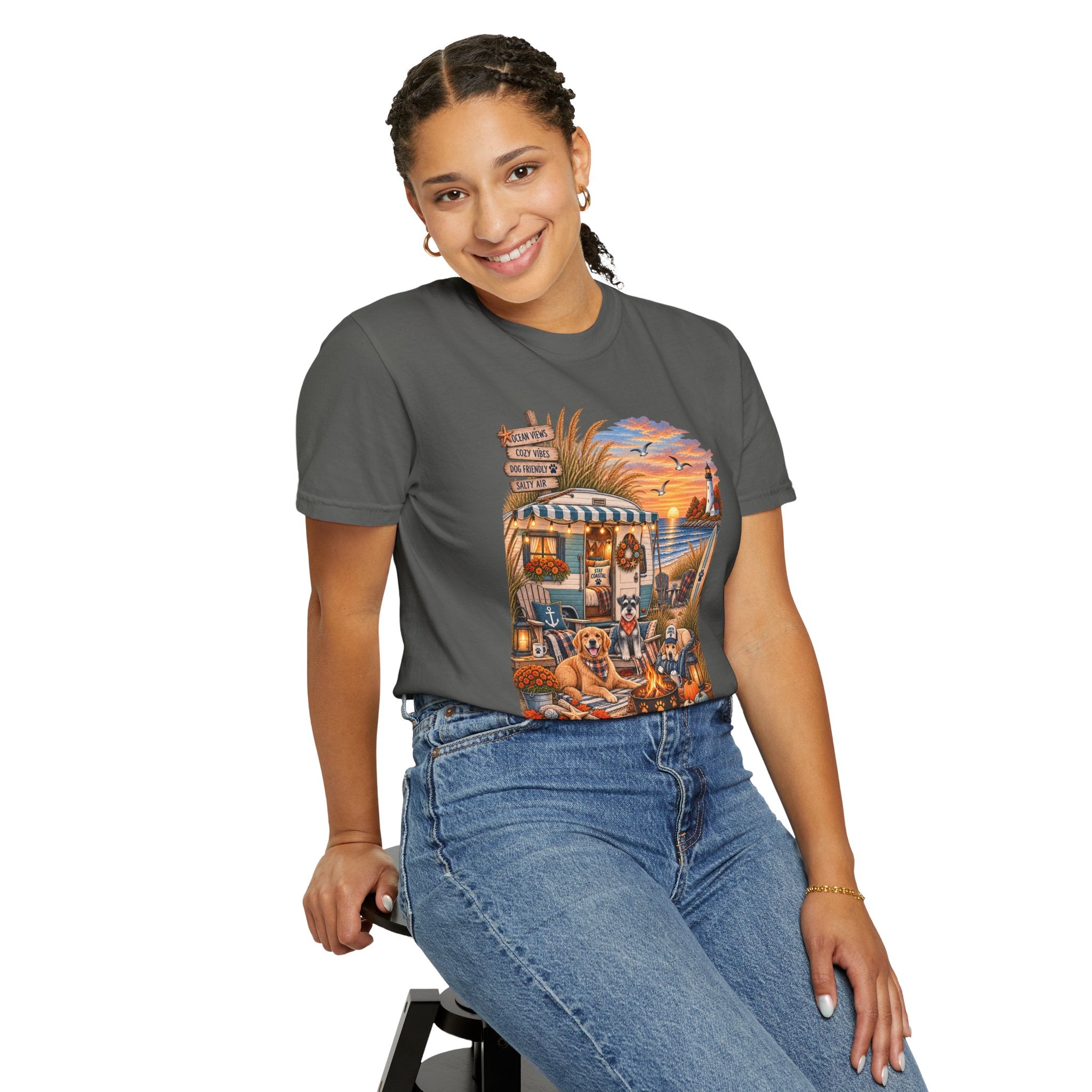 Campfires, Coastlines & Canines T-Shirt — Retro Camper Dog Camping Graphic Tee