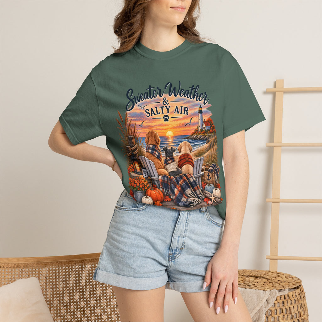 Sweater Weather & Salty Air T-Shirt — Autumn Beach Sunset Graphic Tee