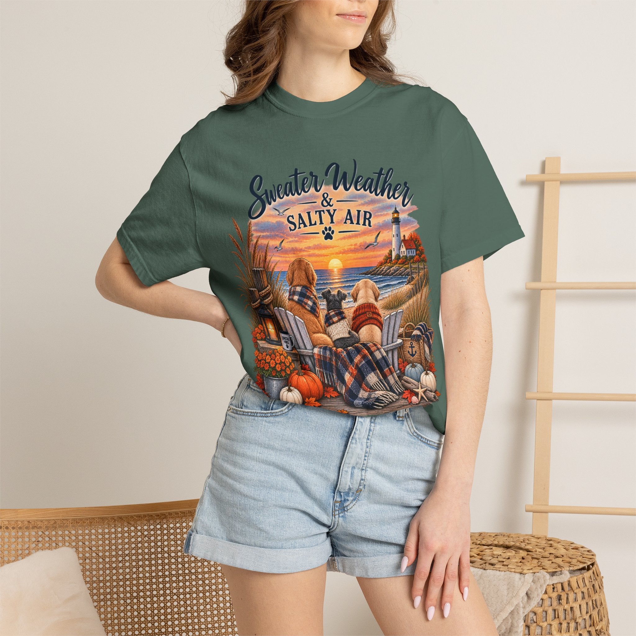 Sweater Weather & Salty Air T-Shirt — Autumn Beach Sunset Graphic Tee