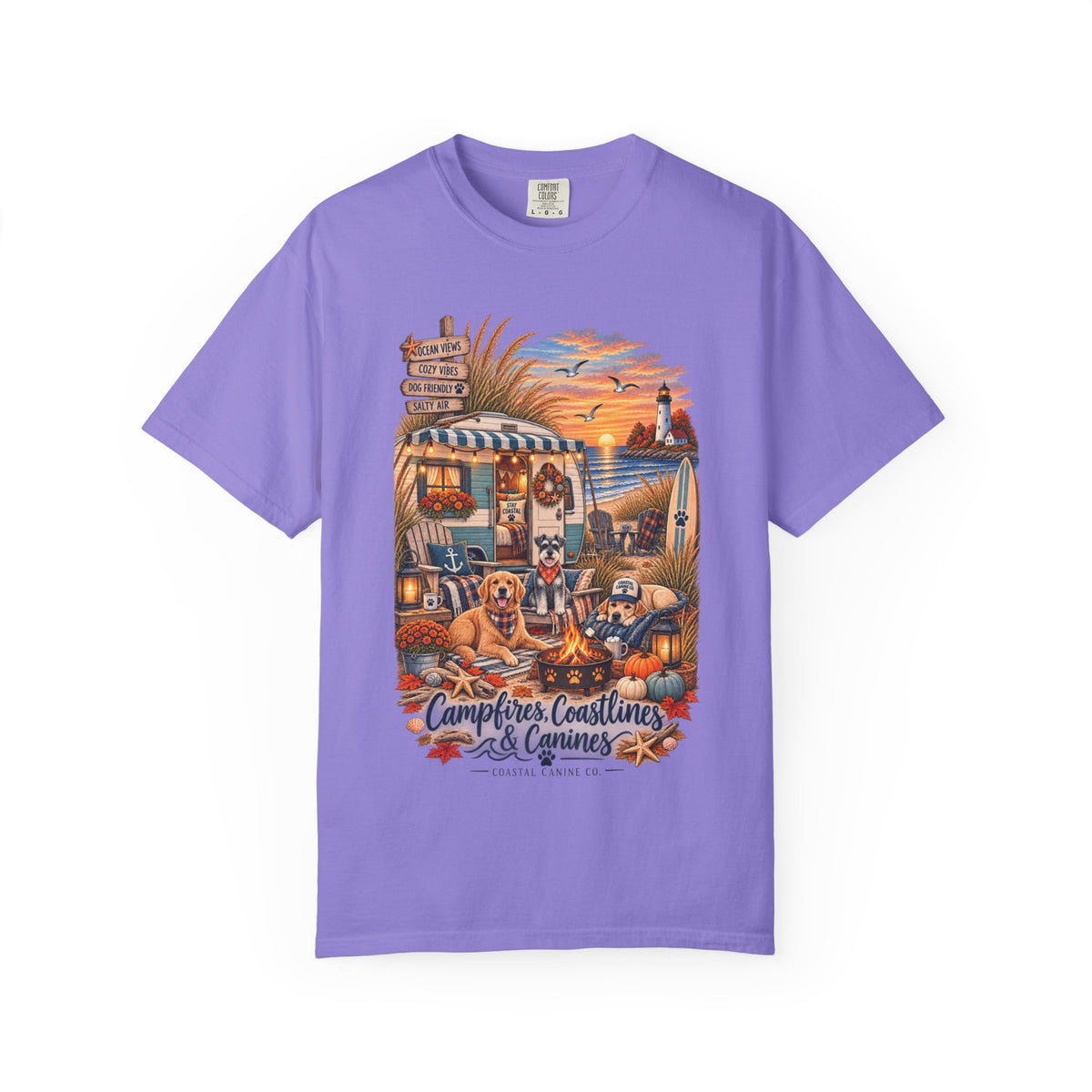 Campfires, Coastlines & Canines T-Shirt — Retro Camper Dog Camping Graphic Tee
