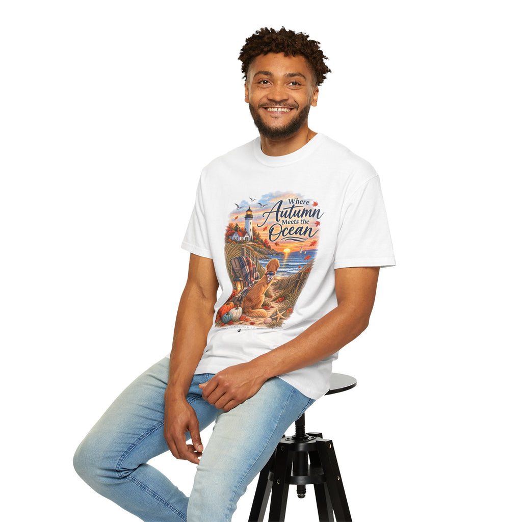 Autumn Meets the Ocean T-Shirt — Cozy Coastal Fall Tee with Golden Retriever