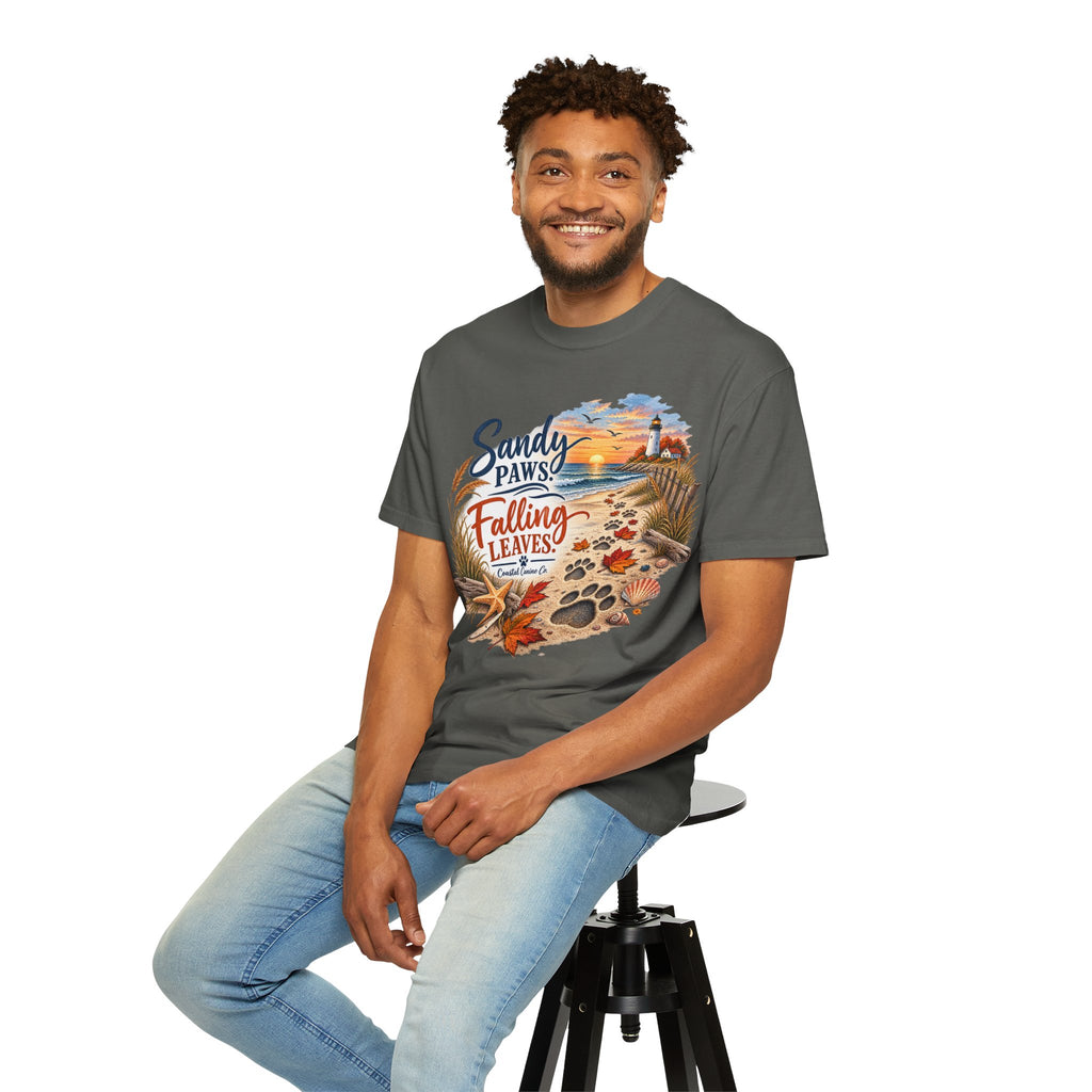 Sandy Paws Falling Leaves Beach T-Shirt — Autumn Coastal Dog Lover Tee